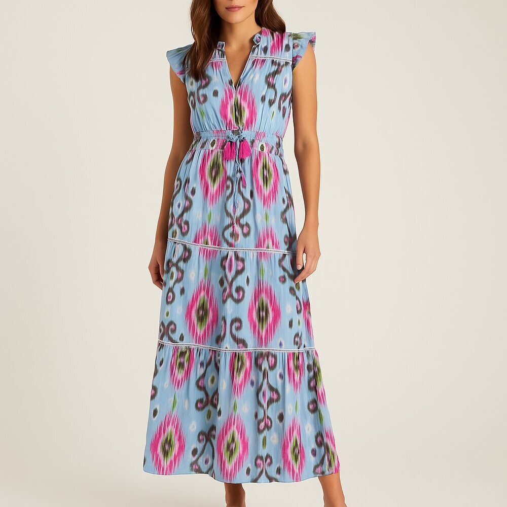 Sal Rosa Multicolor Ikat Print Tiered Maxi Dress XL Boho V-Neck Ruffle Sleeve